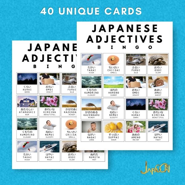 Japanese learning bingo cards - adjectives- JPG28
