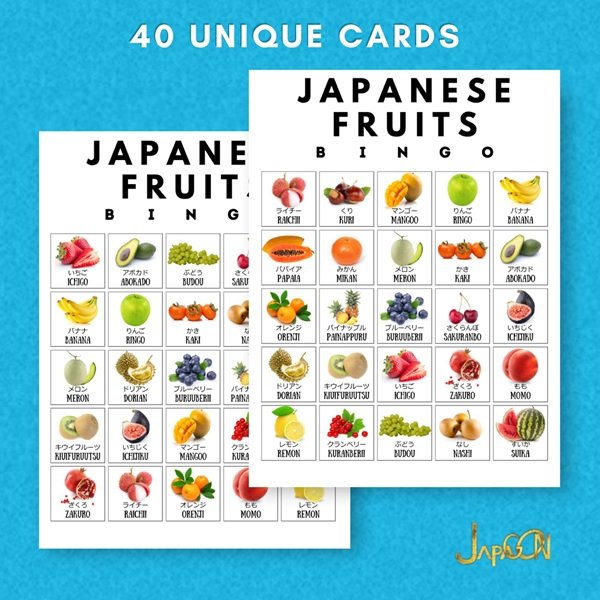 Japanese learning bingo cards - fruits