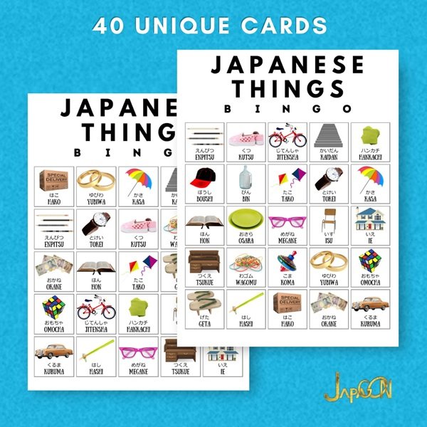 Japanese learning bingo cards - things