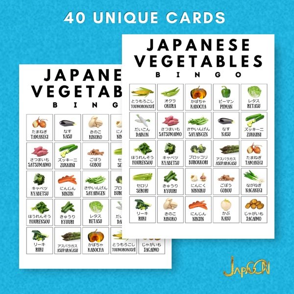 Japanese learning bingo cards - vegetables